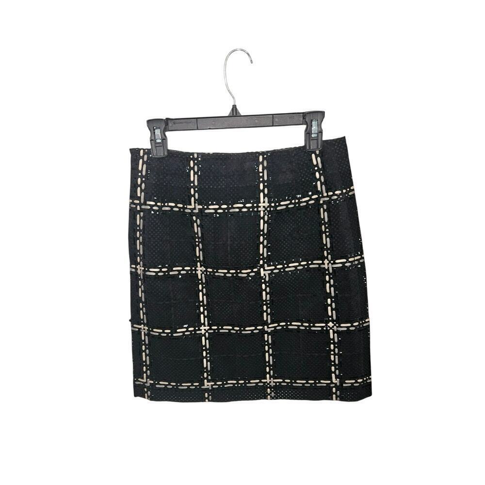 Per Se Leather Suede Perforated Plaid Black High Waist Knee Length Skirt Sz 2 XS